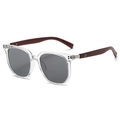 Detail view of tea-tinted polygon sunglasses with textured wood-grain temple arms - Transparent Frame - Grey Lens