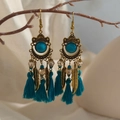 Bohemian vintage gold earrings with peacock blue stones, metal feathers and silk tassels - Antique Gold Peacock Blue Tassel Style