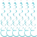 Close-up of six light blue PVC spiral ceiling decorations with white hanging hooks - Double Spiral / Light Blue