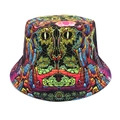 Détail de l'imprimé chat psychédélique coloré sur le chapeau bob pare-soleil en polyester - M (56-58cm) / Imprimé Jungle Œil Mystique (2#)