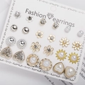 Set of 12 pairs of gold and silver stud earrings featuring floral and rhinestone designs - Flower Heart Sun Pearl Zirconia Set (ER21Y0530-3)
