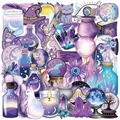 Detailed close-up of 50 magic witch PET stickers featuring purple crystals and moon cats - Holographic Flash Film / Magic Witch Holographic Series