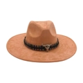 Elegante cappello fedora in feltro cammello a tesa larga con fascia etnica e teschio - Ornamento Testa di Toro Colorata / Cachi