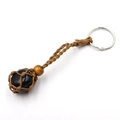 Handmade woven net keychain with a polished black stone and brown natural hemp cord - Black Agate + Brown Mesh Keychain