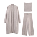 Three-piece oatmeal knit set with long cardigan, tube top and wide-leg pants - S / Light Gray