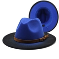 Royal blue fedora hat with black gradient brim and brown faux leather buckled belt - M (56-58cm) / Royal Blue + Black