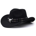 Detail of black felt cowboy hat featuring ethnic woven band and silver bull skull accent - M (56-58cm) Adjustable / Black