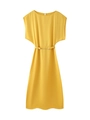 Elegant yellow satin midi dress with round neck and chic metal chain belt detail - S / Yellow
