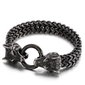 Vintage oxidized stainless steel bracelet featuring dual wolf heads and woven chain - Retro Black Wolf Head (KB144487-KFC)