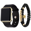 Men's fashion square LED silicone watch and beaded crown bracelet set in black and gold - Black Gold + Bracelet