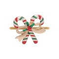 Golden Christmas napkin ring featuring enamel candy canes and holly with red rhinestones - Candy Cane Bow Style (Z1001-5)