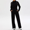 Women's two-piece black yoga set with white piping, slim jacket and high-waist pants - S / Black (Sport Jacket + Straight Pants)