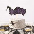 Topper per torta glitterato Happy Halloween con silhouette di strega per feste - Viola Happy Halloween/Base Nera