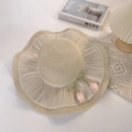 Cappello da sole in paglia beige con tulipani rosa e bordo a volant in chiffon - Cappello di Paglia Beige Decorazione Tulipano (D-496)