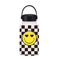 650ml white water bottle with checkerboard print and yellow heart-eye smiley face - Checkboard Smiley Face
