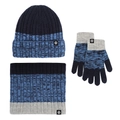 Winter knit set including navy and grey beanie, thick scarf, and warm gloves - One Size / Knit Hat, Scarf and Gloves Set / Navy Blue