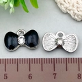 Mini black enamel bow charm with rhinestone and silver textured metal bow pendant - 1Pc Black Bowknot