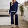 Navy blue knitted two-piece set with long sleeve sweater and contrast white trim pants - S / Navy Blue