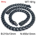 Hip hop black stainless steel NK chain necklace and bracelet set with square clasp - Style A (Box Clasp) / 13mm Width / Bracelet 21cm + Necklace 45cm / Black