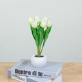 Minimalist night light with six white tulips in a white ceramic pot on books - 6 Heads-Light Green-Battery Style