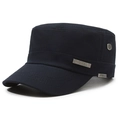 Men's navy blue flat top military cap with cotton canvas texture and sport metal plate - Adjustable / Navy Blue