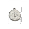 Macro detail of round stainless steel pendant with radial relief texture and dimensions - Silver Round Sun Radiance