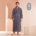 Thick plush dark grey coral fleece long bathrobe for men with white piping detail - M / Dark Grey (Men)