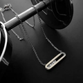 Silver rectangle necklace with three moving cubic zirconia stones on barbell - Titanium Steel Zirconia Necklace / Silver