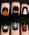 Macro shot of Halloween press-on nails with pumpkin, bat, and spider web designs - Halloween Spider Web Bat Pumpkin Style(CW746)