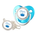 Blue rhinestone baby pacifier with crown prince design and matching chain clip - Blue Prince (Silver Shield)