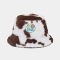 Close-up of plush faux fur fisherman hat with cow print and Sea Breeze embroidery - M (56-58cm) / Dark Brown Cow Print
