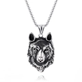 Mens vintage stainless steel wolf head pendant with realistic fur texture on round link chain - Steel Color Without Chain (D0907-1)
