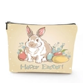 Detailed view of the linen Easter makeup bag featuring a cute rabbit and zipper closure - Easter Bunny Eggs
