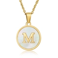 Gold stainless steel necklace with round shell pendant featuring a 3D letter M charm - White Mother of Pearl Letter M