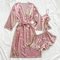 Three-piece satin pajama set in dusty pink with floral print, robe and cami shorts - S / Pink