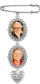 Silver memorial brooch with two oval photo frames and engraved heart pendant charms - Double Tray Pin