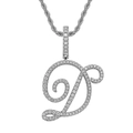 Macro detail of silver iced-out letter D pendant with glittering stones on rope chain - Letter D / Silver (Pendant Only)