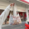 Borsa tote in tela color crema con stampa festiva di alberi di Natale e cuccioli - Cane di Natale Piccolo