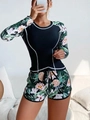 Detail of long sleeve surfing swimsuit with floral print and white contrast stitching - Black 2