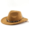 Classic camel faux suede western cowboy hat with bohemian beaded turquoise ethnic band - M(56-58cm) / Khaki