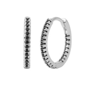 Close-up of silver hoop earrings with a row of inlaid black cubic zirconia stones - Silver Plated + Black Zircon