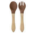 Silicone spoon and fork set with wooden handles in dark brown for baby feeding - Wooden Handle Spoon and Fork Set / Walnut