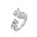 Detail of silver bypass ring featuring four pear-cut cubic zirconia stones on white background - Style B / White Gold