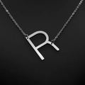 Minimalist silver-tone necklace with large letter R pendant and delicate chain - White Letter R