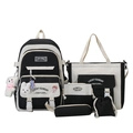 Five-piece school backpack set in black and white canvas with lucky sunday label - Five-Piece Set / Black and White