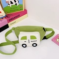 Grass green kids canvas chest bag with a white cartoon car pocket and adjustable strap - Grass Green