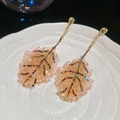 Detail view of crystal leaf tassel earrings with colorful rhinestones on a white plate - Christmas Tree Leaf Tassel Style / Gold-Colorful (Silver Needle)