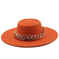 Orange flat top wool felt fedora hat featuring a stylish thick gold chain band decor - M (56-58cm) / Orange