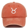 Detail of Taurus zodiac embroidery on washed cotton orange baseball cap surface - Orange