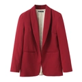 Détail du col d'un blazer bordeaux avec étiquette taille M et texture de tissu lisse - Bordeaux